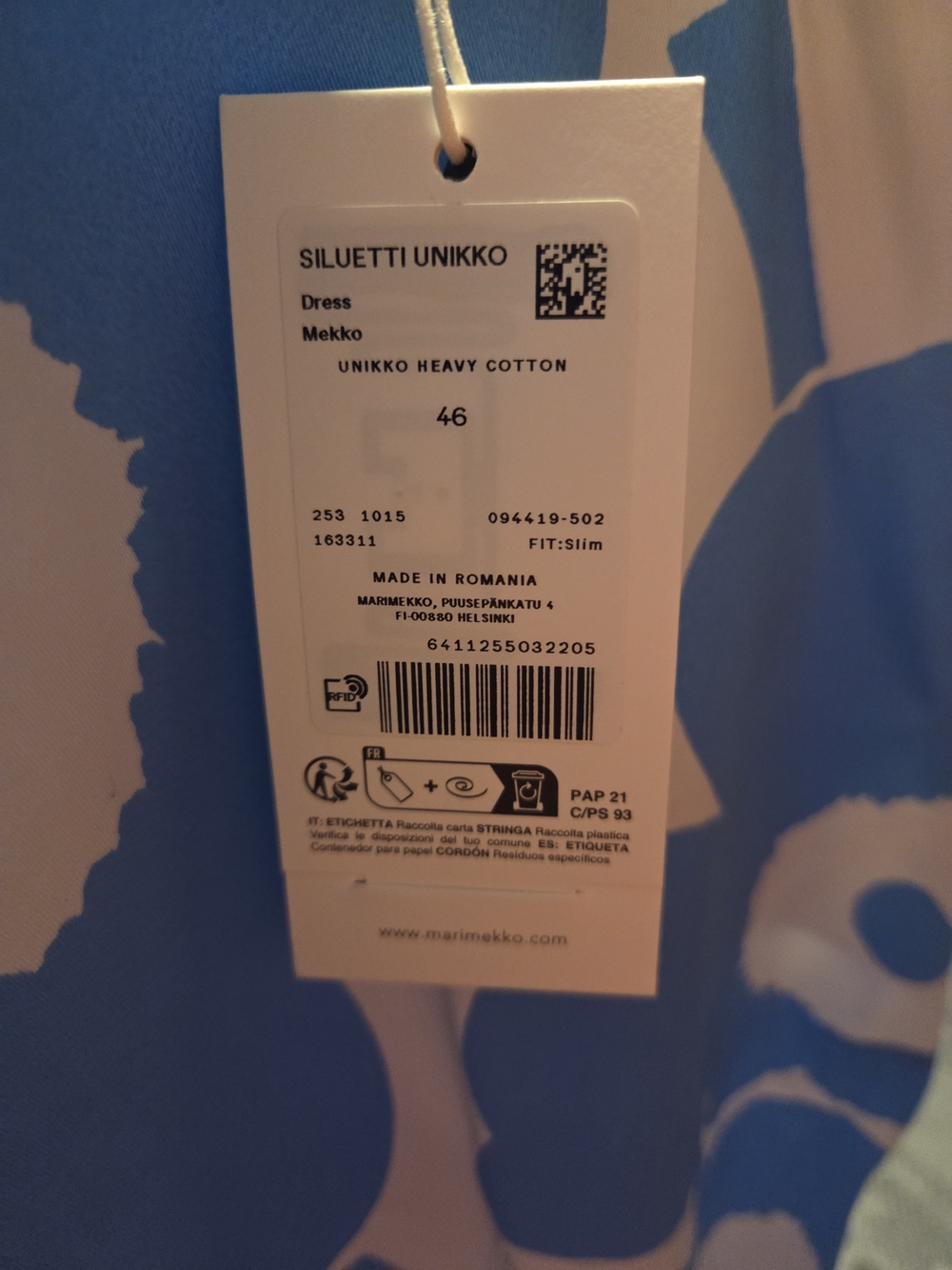 Marimekko Blue and White Floral Siluetti Unikko Size 46 - Picture 4 of 9